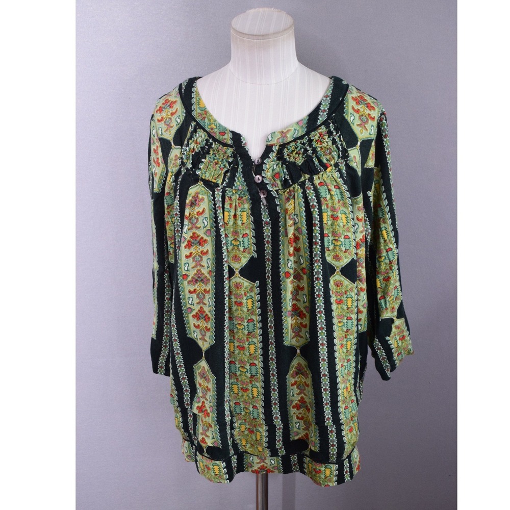 April Cornell Peru Blouse Medium Green Black Geometric Rayon Tunic Women Boho